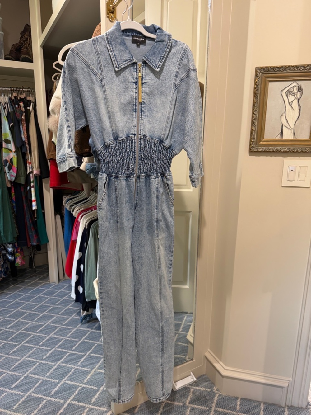 Retrofete Light Wash Denim Jumpsuit with Smocked Waist